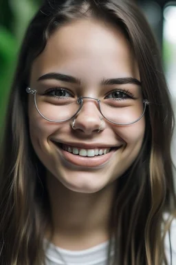 mujer con brackets dentales, pelos faciales, piel muy grasa y lentes