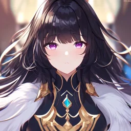 Clear focus,High resolution,8k, Beatiful Lighting, black short fluffy hair, long fluffy bangs, purple eyes, wearing a goddess outfit, extreme close up