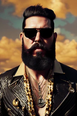 Artistic photo in the audacious style of Jill Greenberg, of man with a luxurious and striking style, abundance of jewelry, oversized square one-piece sunglasses,black beard, prints, extravagant, baroque scene , impasto style with thick textured strokes