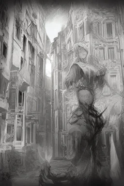 surrealis monochrome A fragmented, surreal sculpture liguid color of photorealistic image 3d,psychedelic art of a beautiful girl model glossy emerging from dreamlike a crumbling building. The face appears pale with deep cracks and intricate details, evoking a haunting expression. Blackened tree branches intertwine with the gold mengkilat cracks, set against a backdrop of stormy, cloud-filled skies. bauhaus art The overall tone is dark blue suggesting themes of decay and transformation.