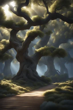 oaks made of silver. fantasy art, Cinematic lighting, Volumetric lighting, Epic composition,