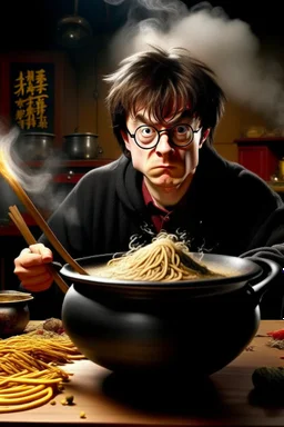 Angry Harry Potter use pot with chinese noodles behind the Hermione