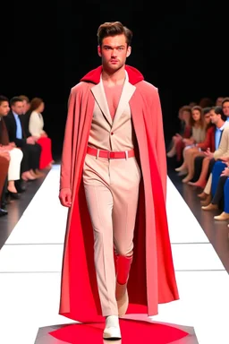 A guy on a fashion runway with Superman elegant Clothes in neutral colors