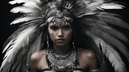 Photoreal unearthly gorgeous indigenous godlike mayan girl adorned in clothes adorned with feathers that flutter with every step exuding beauty and hair cascading down her back like a waterfall of obsidian and eyes holding a spark of wild intelligence shrouded in extreme pitch black darkness by lee jeffries, otherworldly creature, in the style of fantasy movies, shot on Hasselblad h6d-400c, zeiss prime lens, bokeh like f/0.8, tilt-shift lens