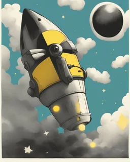 The has a black head with a yellow dot and rides on top of a rocket flying in the sky