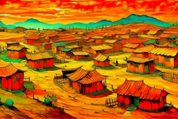 An orange colored Chinese village in a wasteland painted by Vincent van Gogh