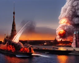 evil Russia president Vladimir Putin hold atom bomb, Moscow in fire