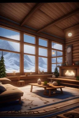 a double suitable living room with a portable floor with classic ceiling window two side log cabin, interiors design, lightning surrounding, durable rockchair,vase flowers decorations,outside is a glowing snow -covered landscape.