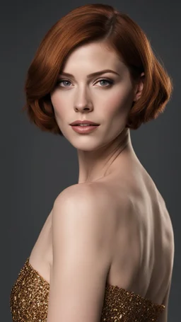 mix christina hendricks molly quinn alexandra daddario, short haircut, tanned skin, dark background, mid shot, full body, neutral expression, buzzcut hair, ultra realistic, highres, superb, 8k wallpaper, extremely detailed, intricate, limited palette,