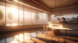 hyperrealistic futuristic coffee shop, minimalist, morning sun, drive through, --q 2 --ar 3:2