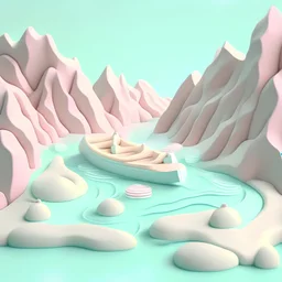 rafting river water, in 3d clay animation style, calm white and pastel background