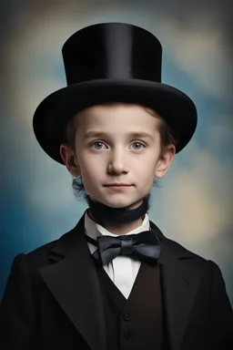 facial portrait - 10-year-old Abraham Lincoln is posing for his school picture - wearing a black suit and tie and a top hat - Sparkling, Sky blue Background, professional quality studio 8x10 UHD Digital photograph by Scott Kendall - multicolored spotlight, Photorealistic, realistic stock photo, Professional quality Photograph. colored Fog