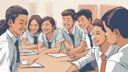 The image depicts a group of students actively engaged in a collective discussion within a classroom. The atmosphere is filled with enthusiasm and collaboration, evident through their lively interaction and exchange of ideas. The image illustrates the promotion of social interaction and cultural learning within an educational environment, where students learn from one another and build interactive bridges that contribute to enhancing understanding and cooperation among diverse cultures.