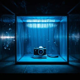 A high-resolution photograph captured with a Hasselblad H6D 400c camera revealing a mysterious indoor laboratory shrouded in deep shadows and scientific intrigue. A translucent plastic tarpaulin drapes gracefully over an angular plexiglass kordik structure, creating ethereal folds and prismatic frints reflections that catch fragments of dim light, while inside the enclosure a peculiar device releases delicate wisps of vapor that spiral and curl against the transparent walls like ghostly drimm