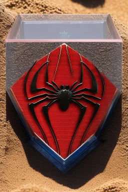 Spiderman's close up footprint lodged within sand in a neat, square display glass box, "spiderman" engraved on small metal plate outside of the box, realistic and highly detailed, 8k