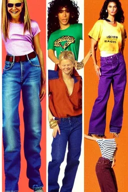 year 1996 denim fashion. Loose fit, low waist, baggy, Combat pants and t-shirt. Colors: denim blue, blue, purple, khaki, light green, lilac, plum, orange, terracotta, red, pink, dark blue, beige. Women models. Patterns: cheetah, balls, stripes.Jennifer Lopez, Gwyneth Paltrow, . Big tennis shoes on. Cargo pants. leg warmer