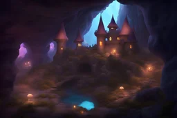 a ping castle with blue roof in a underground big cave, Various colors, purple, gold, rose, mushrooms, top of the cave with gemms and diamond with lucioles light, panoramic view, extremely high-resolution details, photographic, realism pushed to extreme, fine texture, incredibly lifelike perfect shadows, atmospheric lighting, volumetric lighting, sharp focus, focus on eyes, masterpiece, professional, award-winning, exquisite detailed, highly detailed, UHD, 64k,