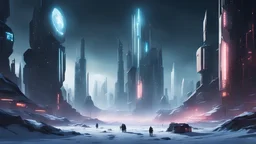 cyberpunk city with high buildings, night time, protected by a large energetic shield, on a frozen planet