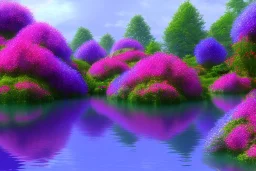 monde en fleurs, blue lake, flower tree-houses, concept art, crépuscule , fuksia bleu oranger, vibrant Color, réaliste, riviere bleu, tree-house bougainvillier, roses