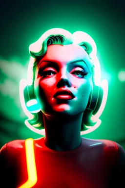 Ultra Realistic retro sci-fi scene, portrait, blonde woman, sweet young Marilyn Monroe face, perfect iris, glow eyes, makeup. Alien background, Retro sci-fi style helmet, tight latex coat, fog, rain, soft color, highly detailed, unreal engine 5, ray tracing, RTX, lumen lighting, ultra detail, volumetric lighting, 3d, finely drawn, high definition, high resolution.