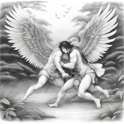 [traditional, monochromatic nature pencil drawing Japanese art] Jacob wrestling with angel