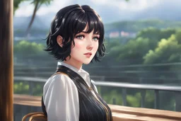 elizabeth with short black hair in 8k 2D anime realistic drawing style, elizabeth custom, close picture, rain, highly detailed, high details, detailed portrait, masterpiece,ultra detailed, ultra quality