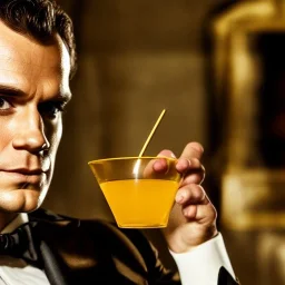 portrait of henry cavill as james bond, drinking a martini, red and golden, russian propaganda,hd, 4k