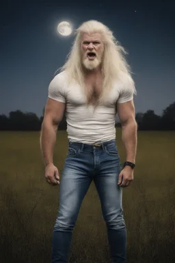 an extremely muscular, extremely hairy, long-haired albino werewolf wearing jeans and a t-shirt, in a field, Botany, Starry, Moon lit, Retro Pop, Dark Fantasy, Horror, Festive, Realistic - 32k, UHD, professional quality, 8 x 10 digital photograph