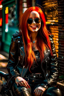 pretty young girl, red long haired, nice smile, sunglasses, hearphones, little leather jacket, skirt and boots rocker fashion