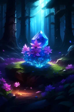 A large glowing purple magic crystal into a forest with flowers blues and pink