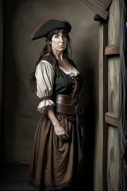 pirate woman with -cut dress leaning against the wall, realistic style, full figure