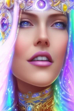 cosmic woman smile, admiral from the future, one fine whole face, crystalline skin, expressive blue eyes,rainbow, smiling lips, very nice smile, costume pleiadian, Beautiful tall woman pleiadian Galactic commander, ship, perfect datailed golden galactic suit, high rank, long hair, hand whit five perfect detailed finger, amazing big blue eyes, smilling mouth, high drfinition lips, cosmic happiness, bright colors, blue, pink, gold, jewels, realist, high commander