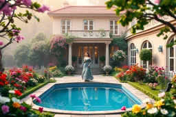 all scene is made of small colored cubes:a luxury villa yard with pool in center and pretty plants trees flowers, morning mist, lost paradise atmosphere,a pretty model lady in victorian clothing walking in villa yard in flowers .every thing and lady is made of small colored cubes as a puzzle