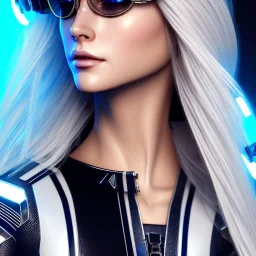 A beautiful portrait of a cute cyberpunk woman, long blond haire, high key lighting, volumetric light high details with white stripes and feathers and blue celtic paterns and futuristic glasses