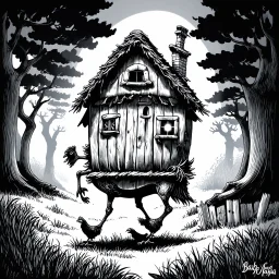 Make black and white cute drawing of a Baba Yaga’s House (Walking Hut on Chicken Legs) with black bold lines. Only outline, no grayscale. A quirky wooden hut with chicken legs, stomping playfully through a magical forest. Add details like a crooked chimney, glowing windows, and a fence made of bones.