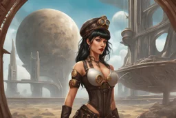 exotic sci-fi steampunk pin-up girl, with long dark hair with bangs, on an alien planet with cloud trees, tall spires, buildings, bridges, arches, photorealistic