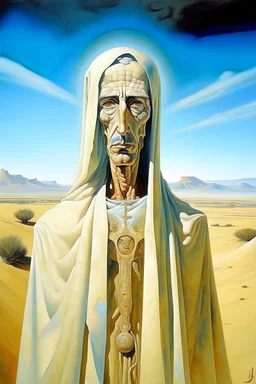 portrait of tall god looks like human but 4 times bigger than normal humans with shining eyes in full clothes, clothes like Arabs in desert. Their face is covered in white shall only their eyes are out. by Dali