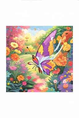 a striking purple butterfly flying by,colorful garden background , child book illustration style, faces must be the same as reference image