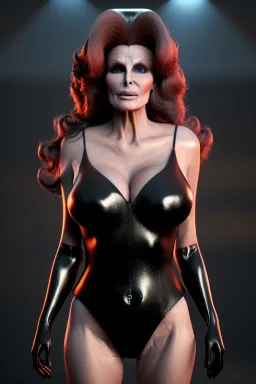 Raquel Welch as evil queen in black leather gown, angry, busty, curvey, cleavage, unreal 5, octane render, cinema4d, dynamic lighting, dramatic lighting, 4k, redshift render, highly detailed, hyper realistic