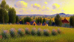 Sunny day, Distant mountains, field fence, alfred sisley impressionism painting