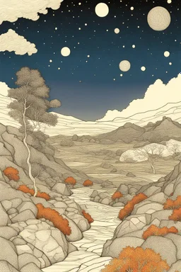 Dry colors, peaceful, Egon Schiele, Max Ernst, night sky filled with galaxies and stars, rocks, trees, flowers, one-line drawing, sharp focus, 8k, deep 3d field, intricate, ornate, one million strokes