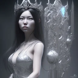 hitomi tanaka, long black hair, elemental face, Unreal Engine 5, highly detailed, highest quality, digital painting, complex 3d render, unreal engine render, insane detail, intricate photograph quality, magnificent, majestic, highly intricate, Realistic photography, grand hall, wicked throne, holding scepter, crown of barbwire, dark color palette, metallic, highly detailed, highest quality, digital painting