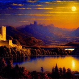 Drawing of 'Medieval Romanian Castle',mountain,lake,full moon, by gaston bussiere, greg rutkowski, yoji shinkawa, yoshitaka amano, tsutomu nihei, donato giancola, tim hildebrandt, oil on canvas, cinematic composition, extreme detail,fit full head inside picture,16k