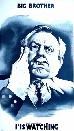 an old poster with the words"BIG BROTHER"(across top), the scowling face of a man(middle, facing viewer), text "IS WATCHING"(across bottom), wwii era propaganda black and white printed poster on old paper