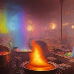 inside factory of colors. smoke rises from multi-colored glassware. color swatches in the background. hyperdetailed, warm colors, detailed painting, photorelistic, oil on canvas, light dust, futuristic. volumetric lighting