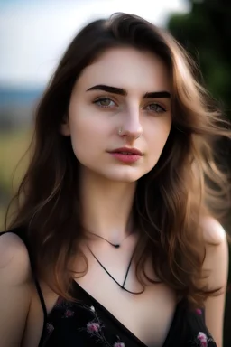 A portrait of a young beautiful (Spanish| Italian| Irish) girl, (freckles:0. 9), glossy pink lips, (breasts:1. 05), black dress and white jeans, diamond earrings, outdoor setting, dimensional dark brown highlights hairstyle