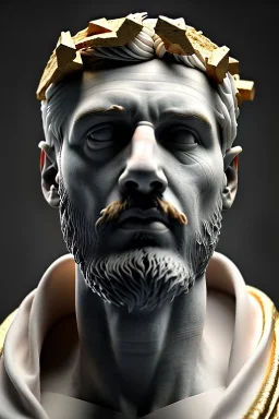 Ultra Realistic image, Roman sculpture, white marble material, Lionel Messi, gold crown of natural thorns, god crown, Renaissance style, sun rays background, waist up portrait, epic, celestial, cinematic lighting, God lights, 4k resolution, smooth details, soft lighting, unreal engine 5, art station, substance 3d.