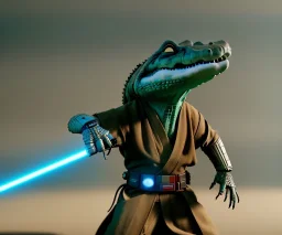 Star wars animation, crocodile, facemask, samurai robe, holding lightsaber, hands, wrist gauntlets