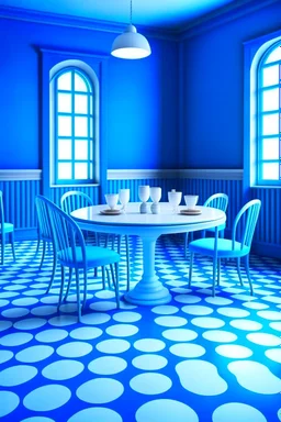 3D-shot A large, oval-shaped table in a restaurant, the color of the table is blue and white, the color of the walls is blue, and the floor color is white