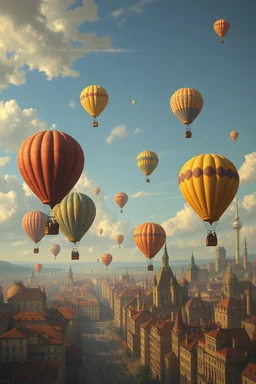 big city with riding balloons in the sky , Bosch painting style